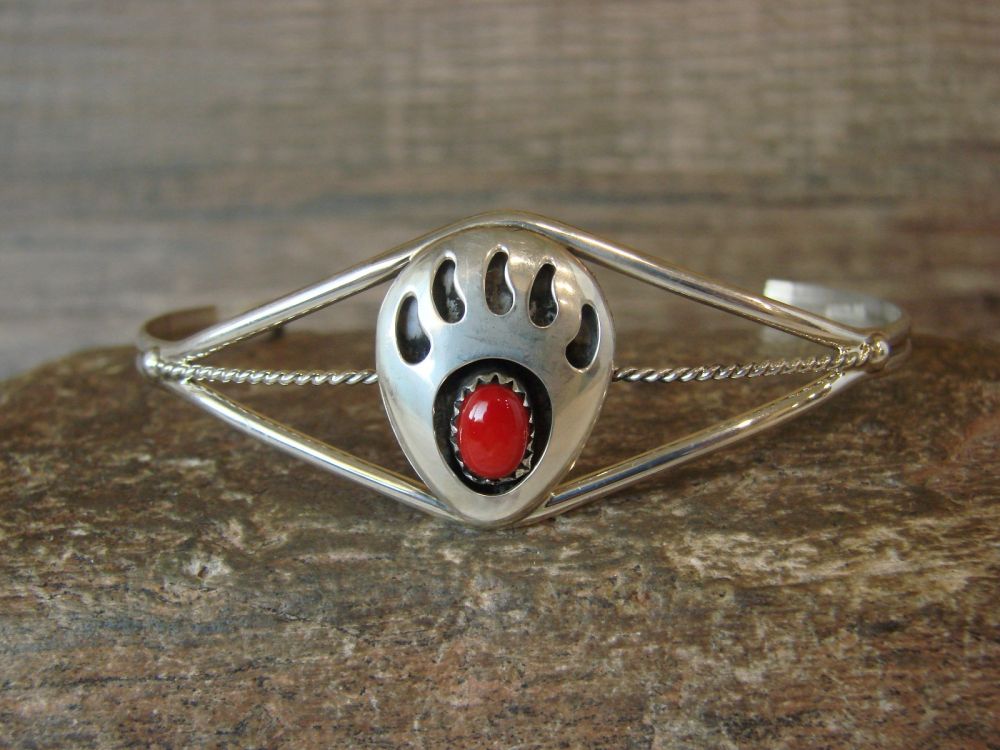 Navajo Indian Sterling Silver & Coral Bear Paw Bracelet by Parker
