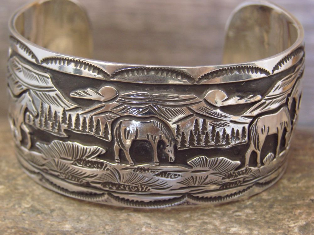 Navajo Sterling Silver Story Teller Cuff Bracelet Signed