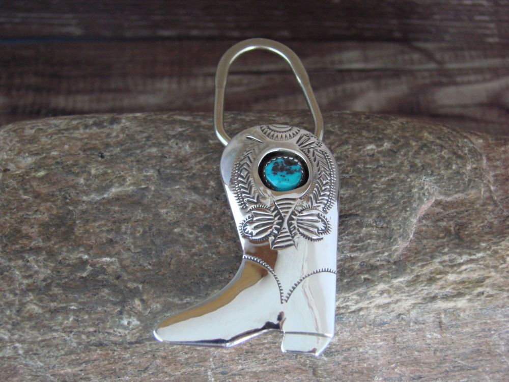 Navajo Indian Sterling Silver Turquoise Boot Key Ring by Shirley Skeets